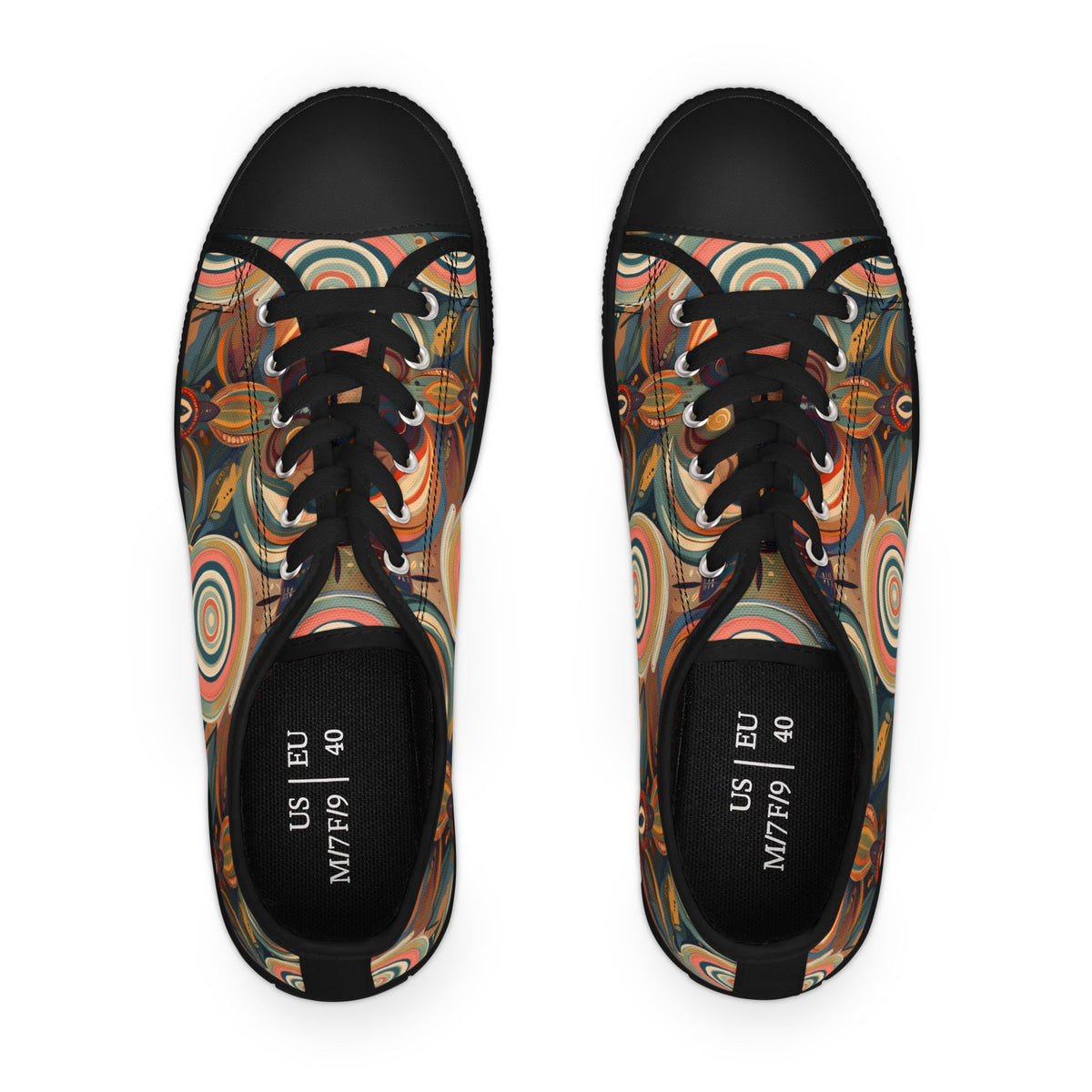 Low Top Sneakers — Retro Boho Circular Pattern Canvas Shoes