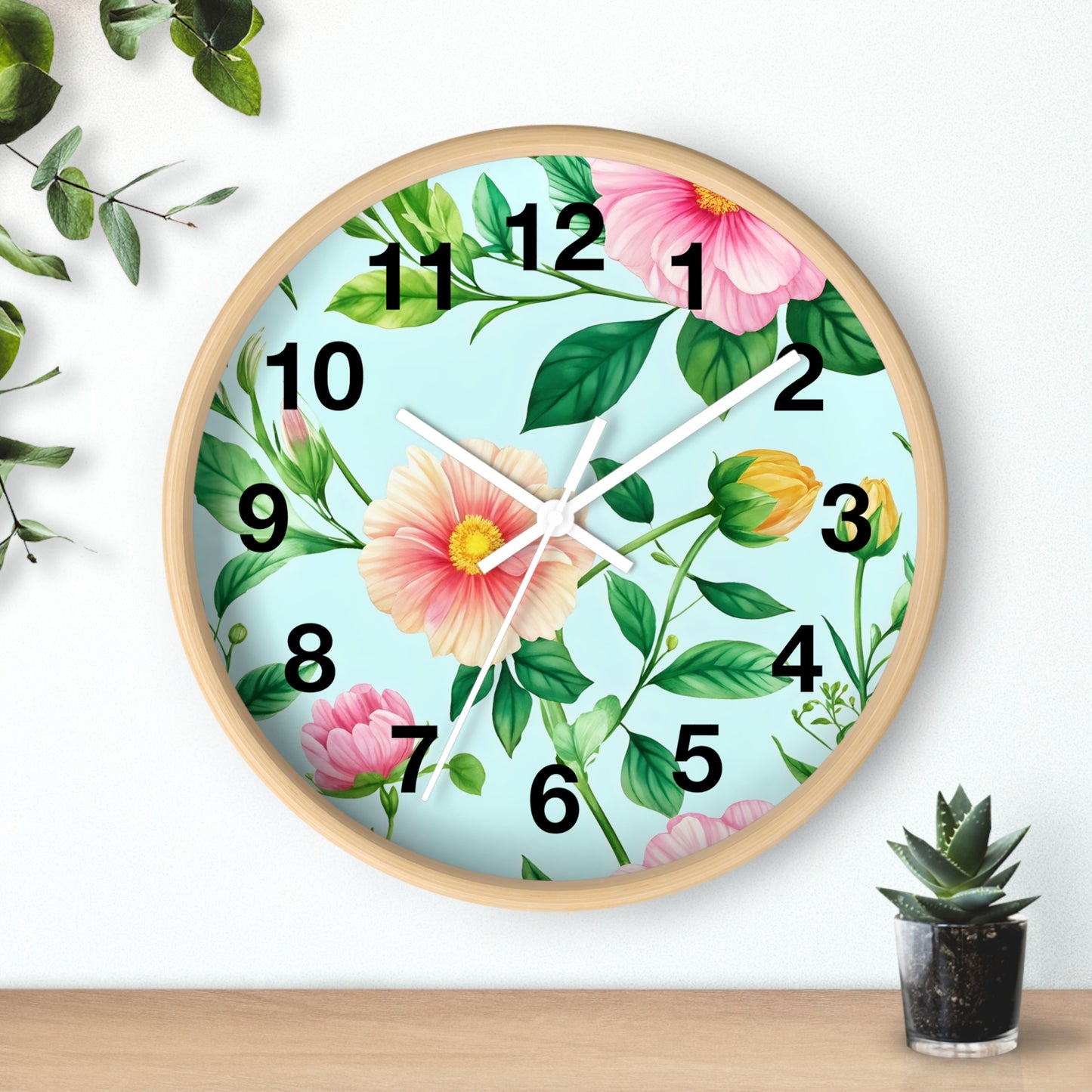 Floral Cottage Wall Clock — Pastel Pink & Green Garden Design