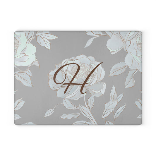 Personalized Floral Glass Cutting Board with Initials Letter H