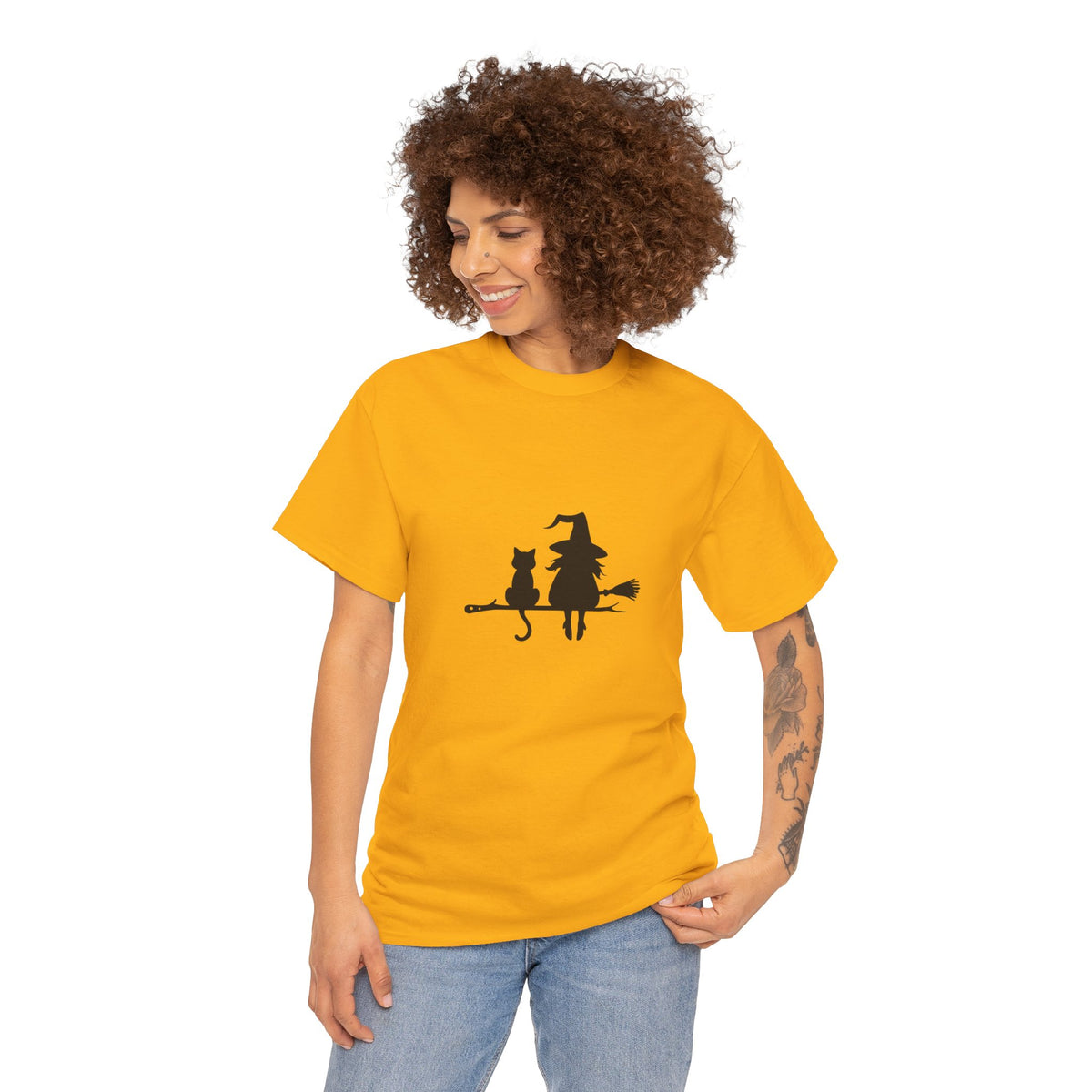Witch and Cat Tee | Spooky Unisex Shirt for Halloween | Cute Witchwear for Cat Lovers | Fall Wardrobe Essential | Gift for Magical Friends