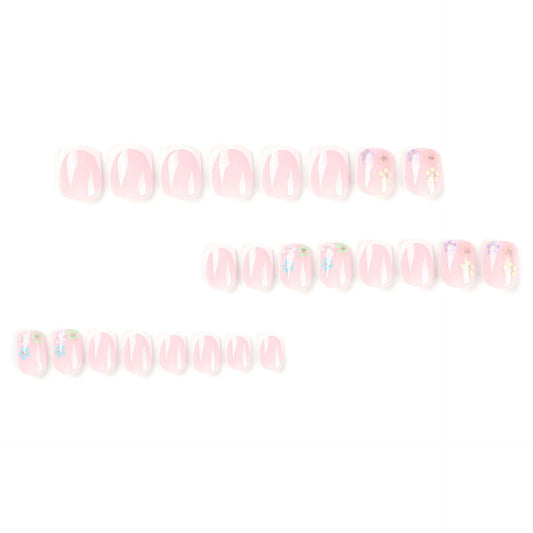 Press on nails short white French nails piece finished multi-colored flower gold glitter nails art press on nails – Image 2