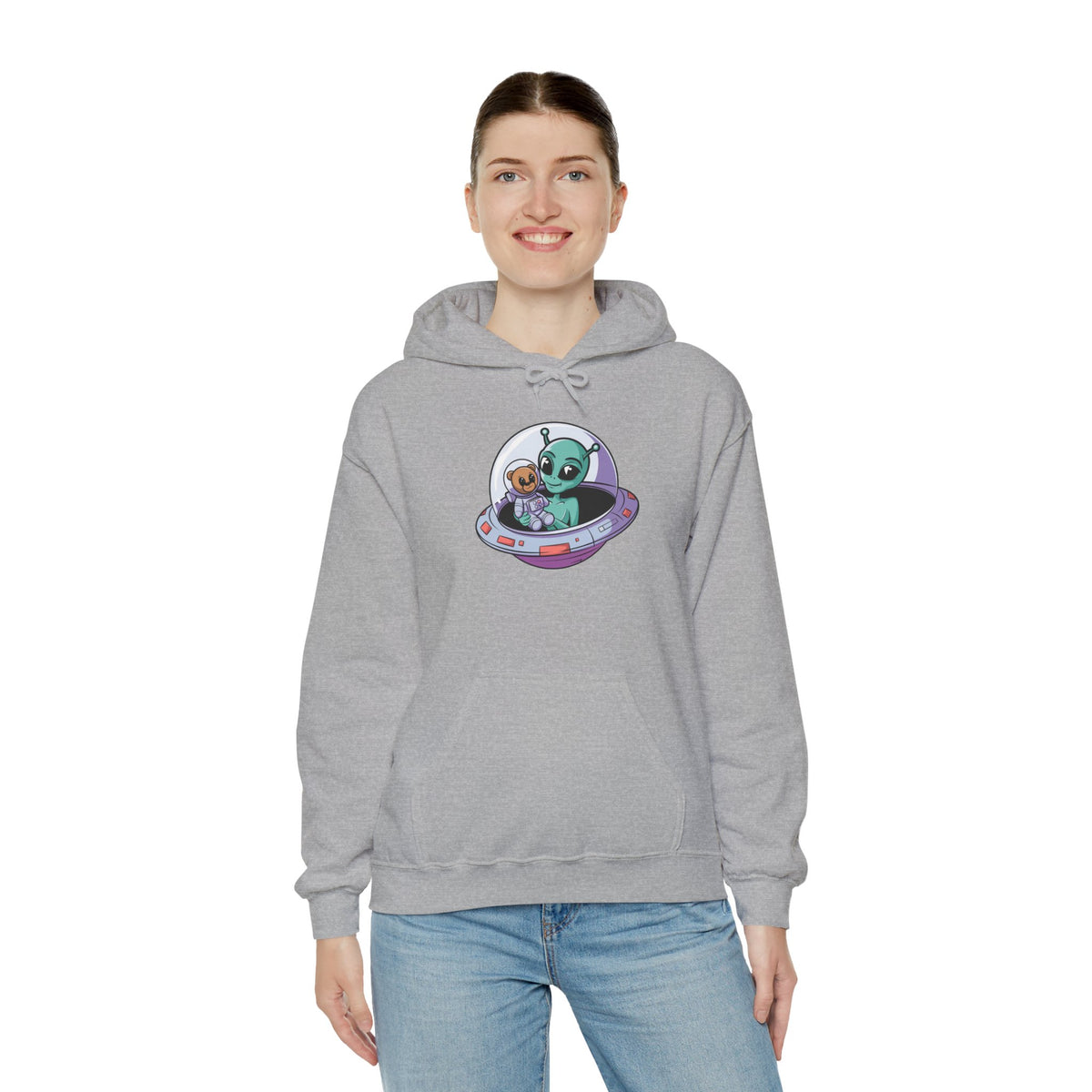 Cute Alien and Kid Hoodie, Unisex Heavy Blend Sweatshirt, UFO Lover Gift, Halloween Costume, Space-Themed Outfit, Birthday Present