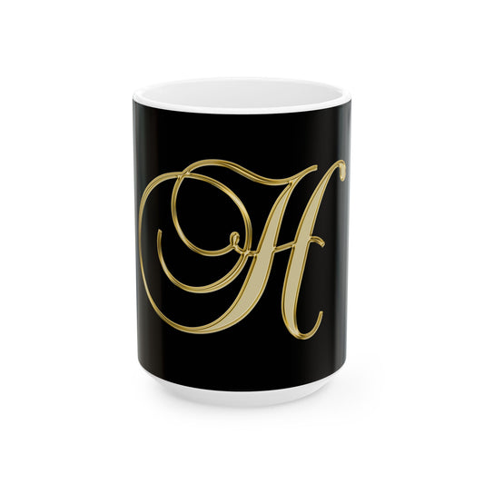 Monogram H Gold Letter Ceramic Mug — Elegant Initial H Coffee Cup (11oz & 15oz)