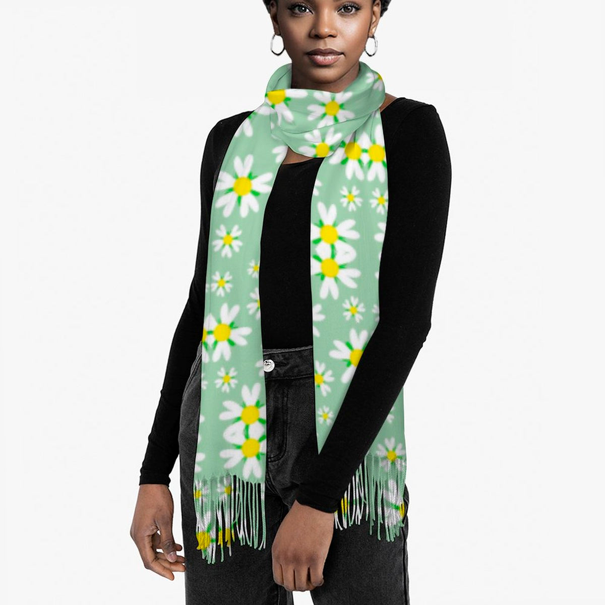 Cashmere-like Tassel Scarf Green Daisy
