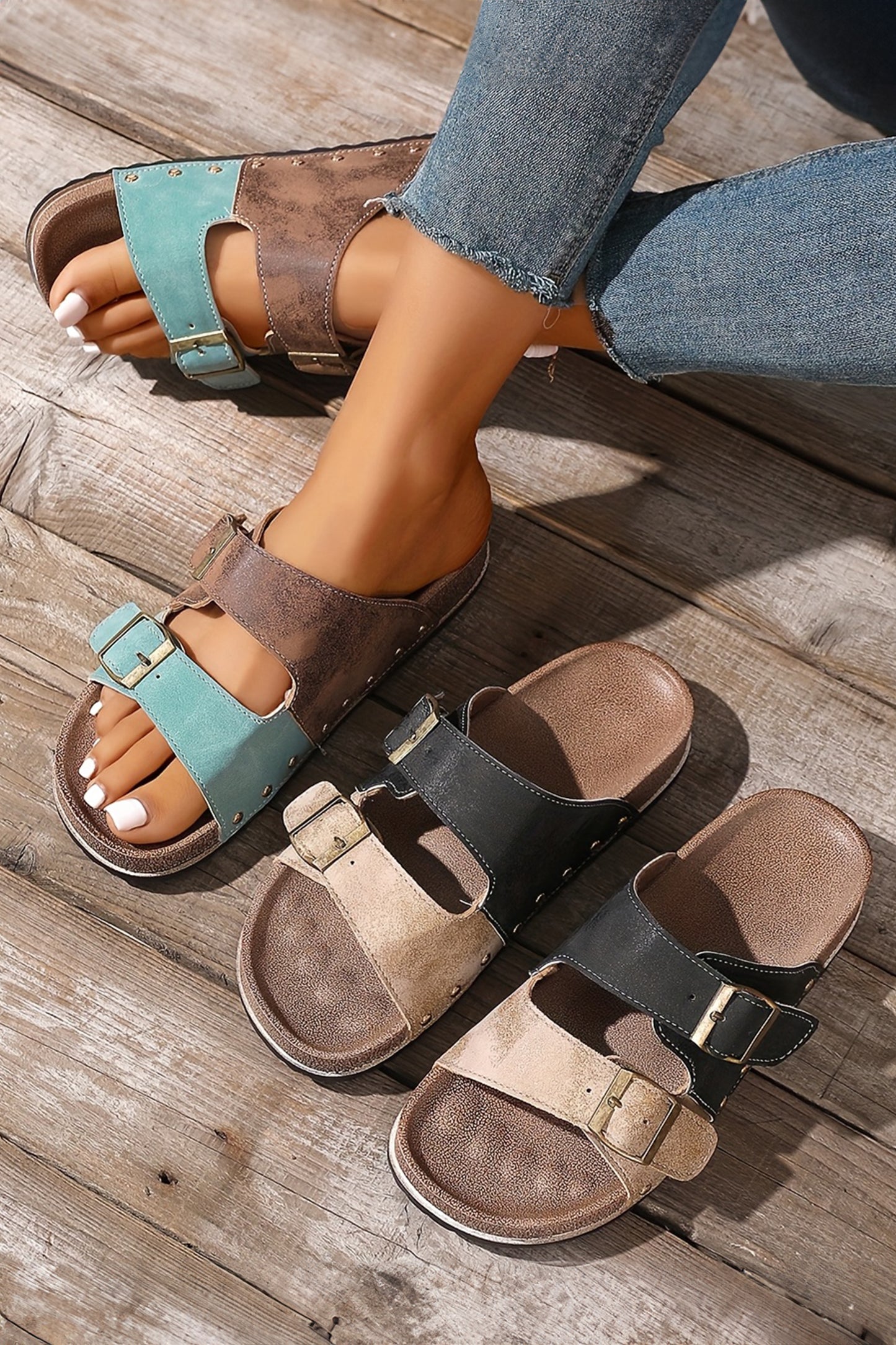 Color black Leopard Two-tone Retro Buckle Straps Hollowed Faux Suede Slippers
