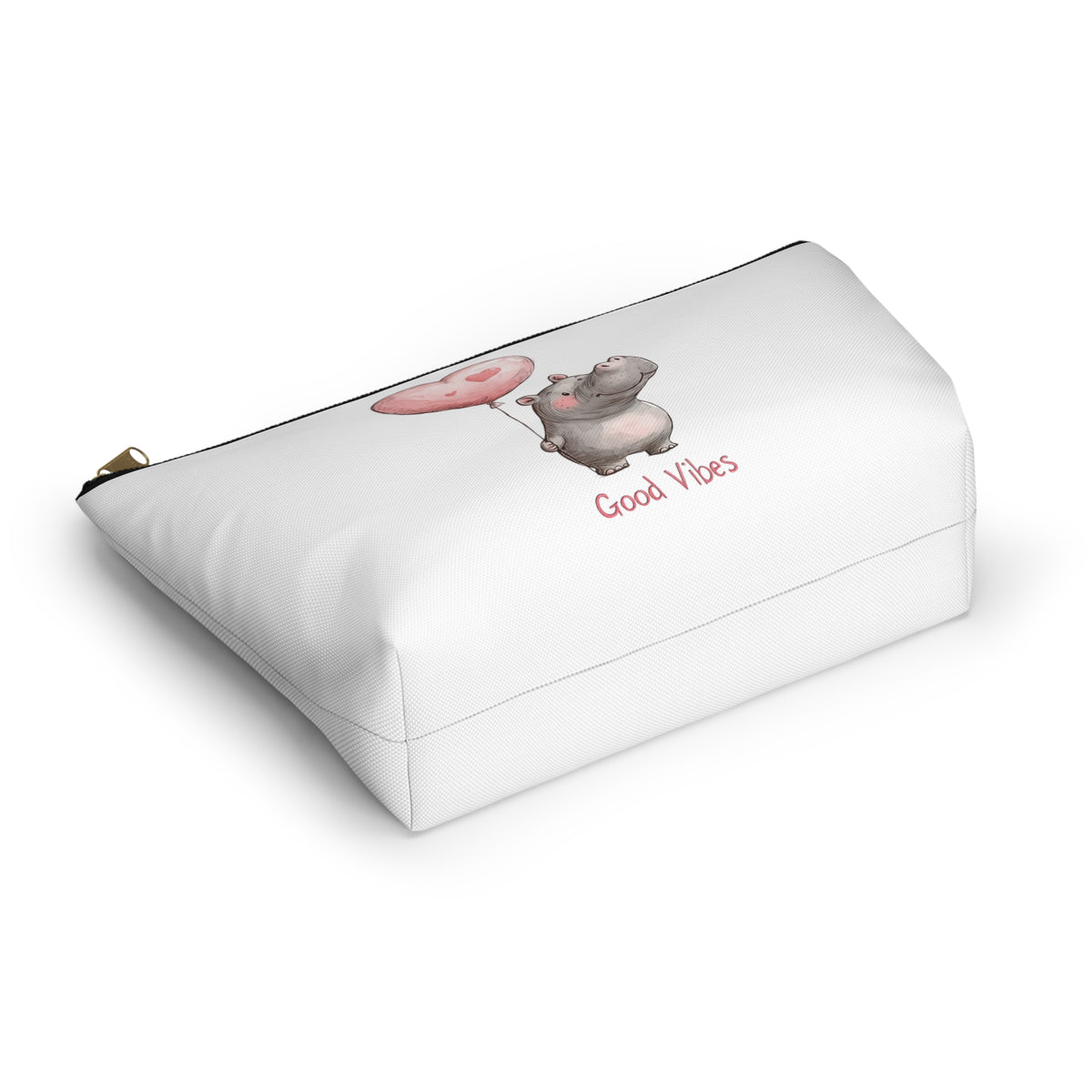 Good Vibes Hippo Accessory Pouch, Cute Makeup Bag, Gift for Animal Lovers, Fun Travel Organizer, Heart Balloon Design