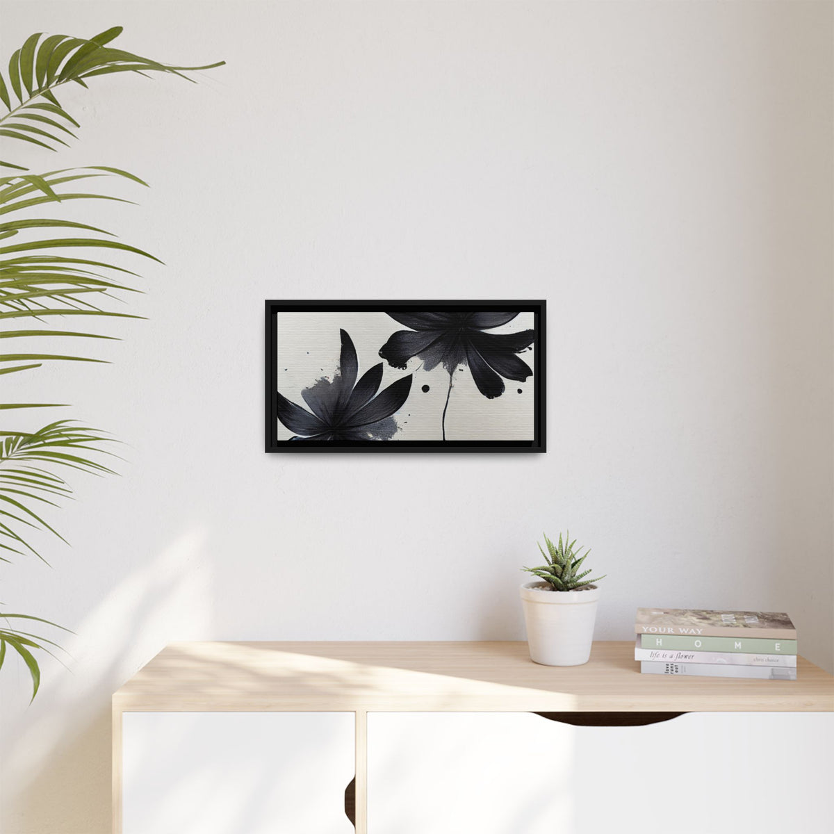 Framed Black Floral Matte Canvas Wall Art — Monochrome Botanical Print