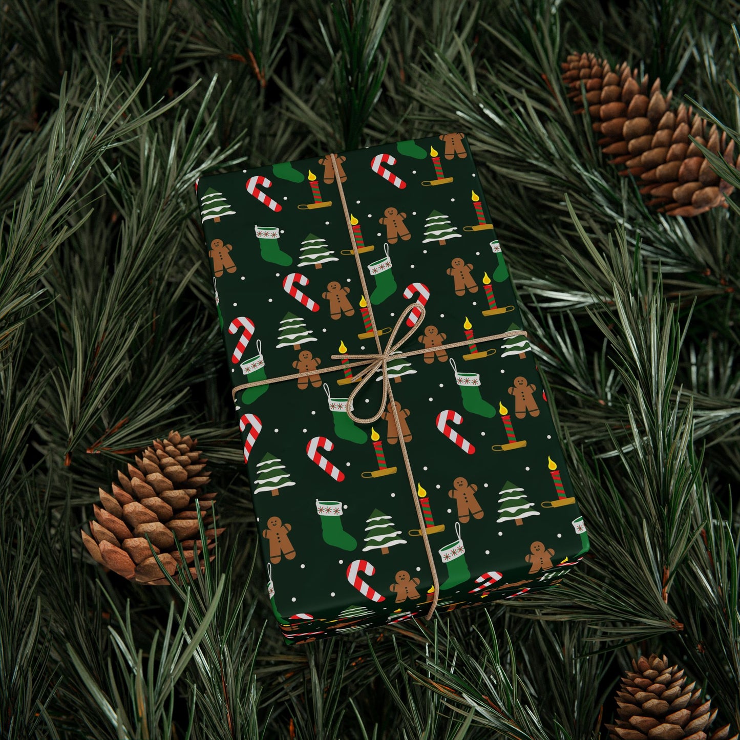 Christmas Wrapping Paper Roll — Gingerbread & Candy Cane Pattern on Dark Green