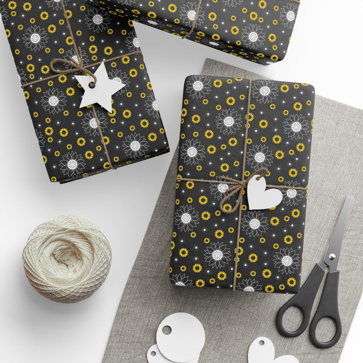 Sunflower Doodles Wrapping Paper Roll — Black & Yellow Floral Gift Wrap