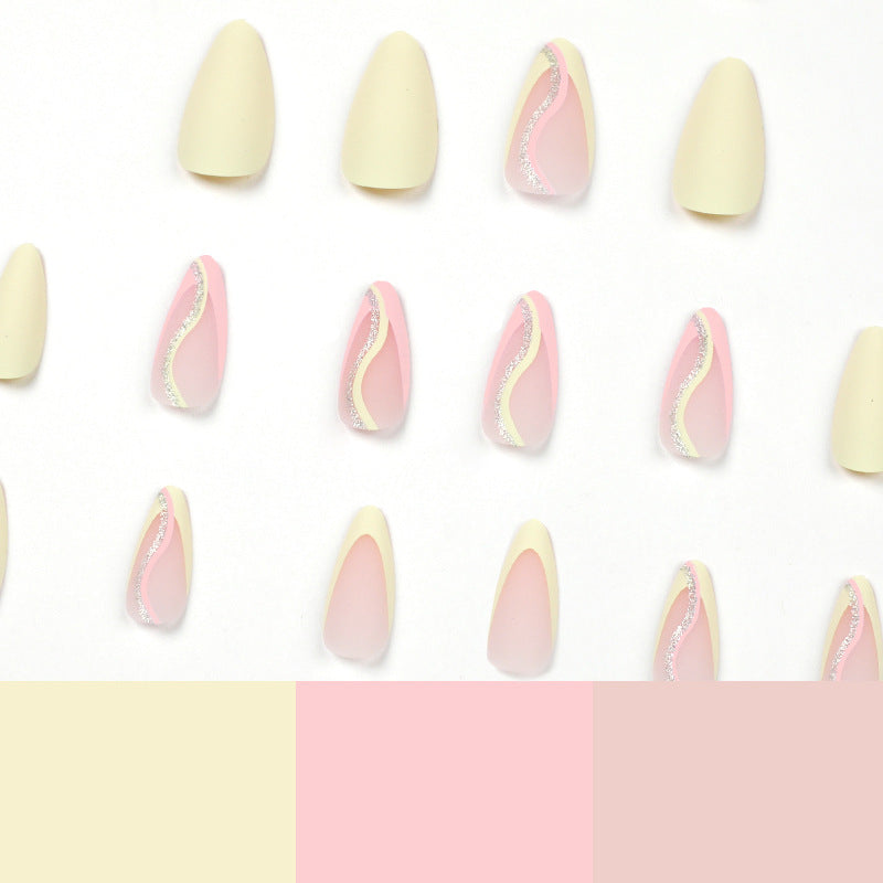 press on nails French manicure fresh yellow pink line glitter matte nails piece fake nails removable nails 365nails – Image 4