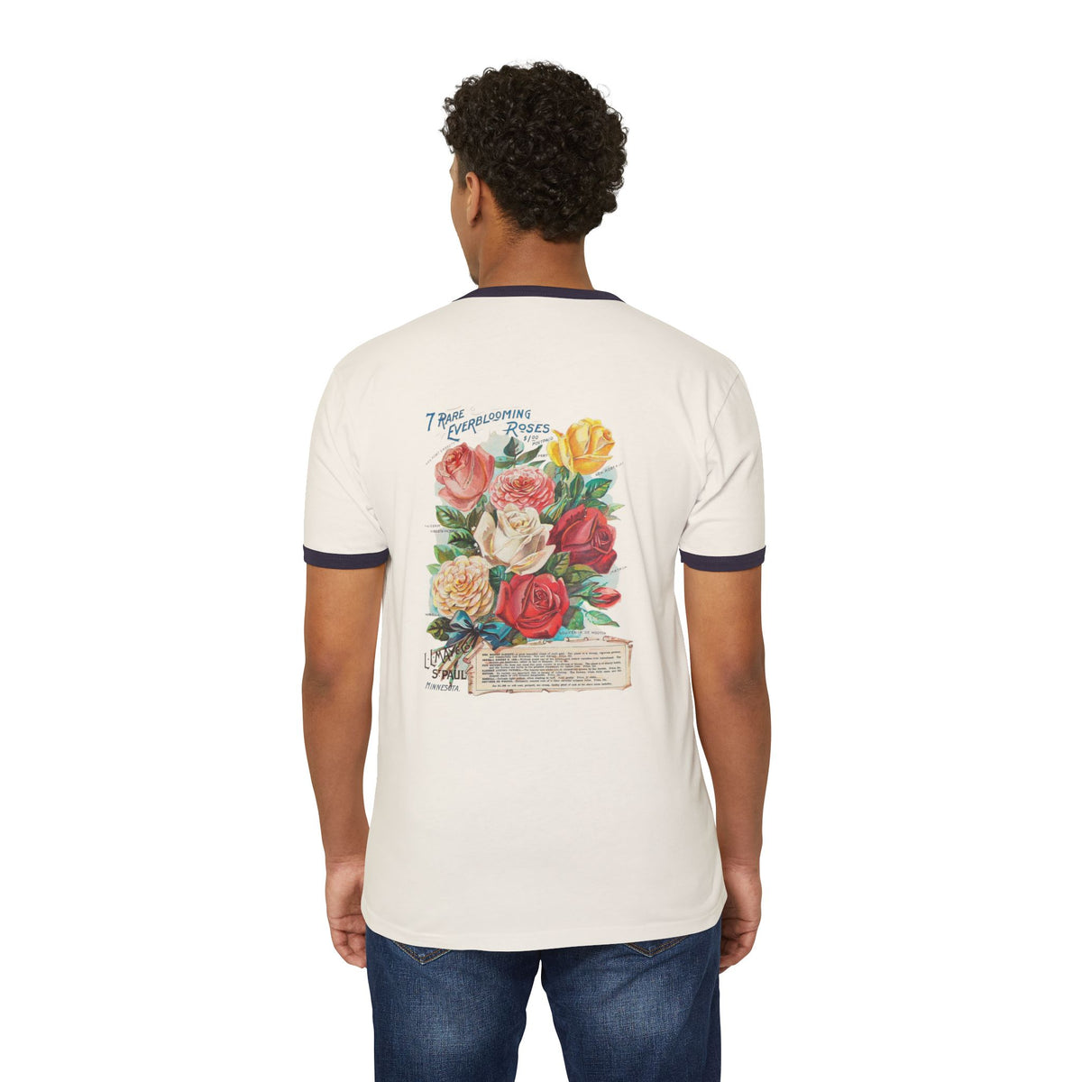 Vintage Floral Ringer Tee – '7 Rare Ever-Blooming Roses' Retro Bouquet Graphic