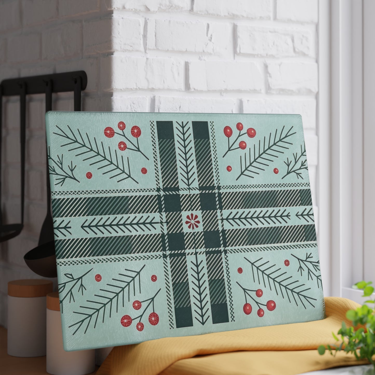 Festive Plaid & Holly Glass Cutting Board — Holiday Kitchen Decor