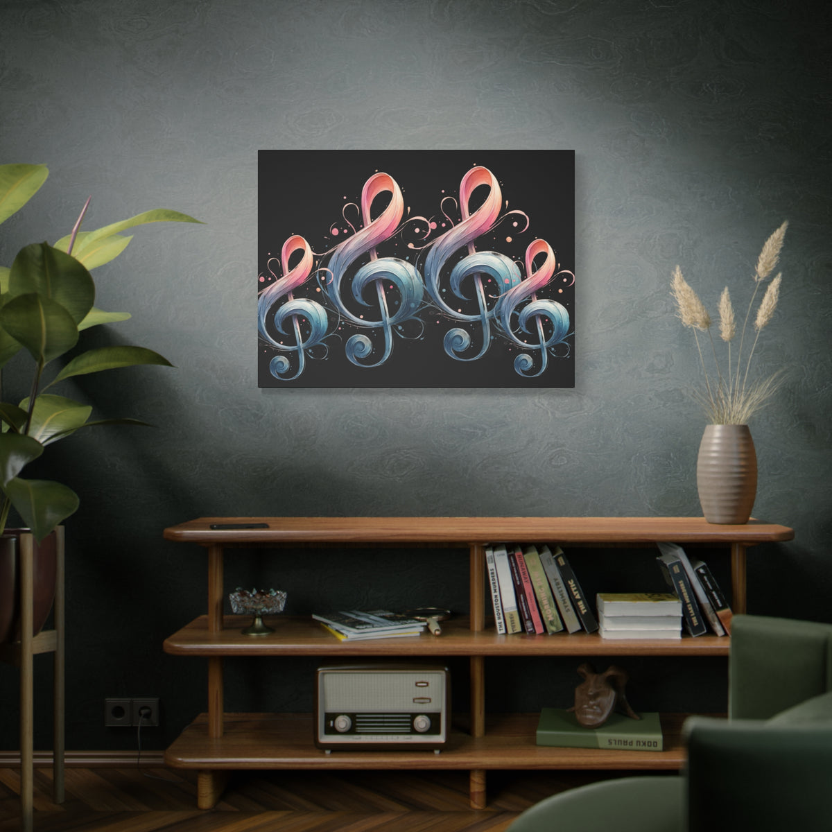 Musical Treble Clef Canvas Wall Art — Pastel Ribbon Notes on Black