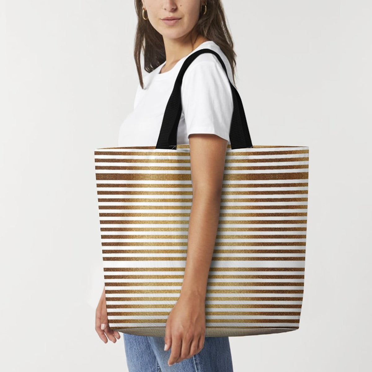 Large One Shoulder Shopping Bag Gold Stripes