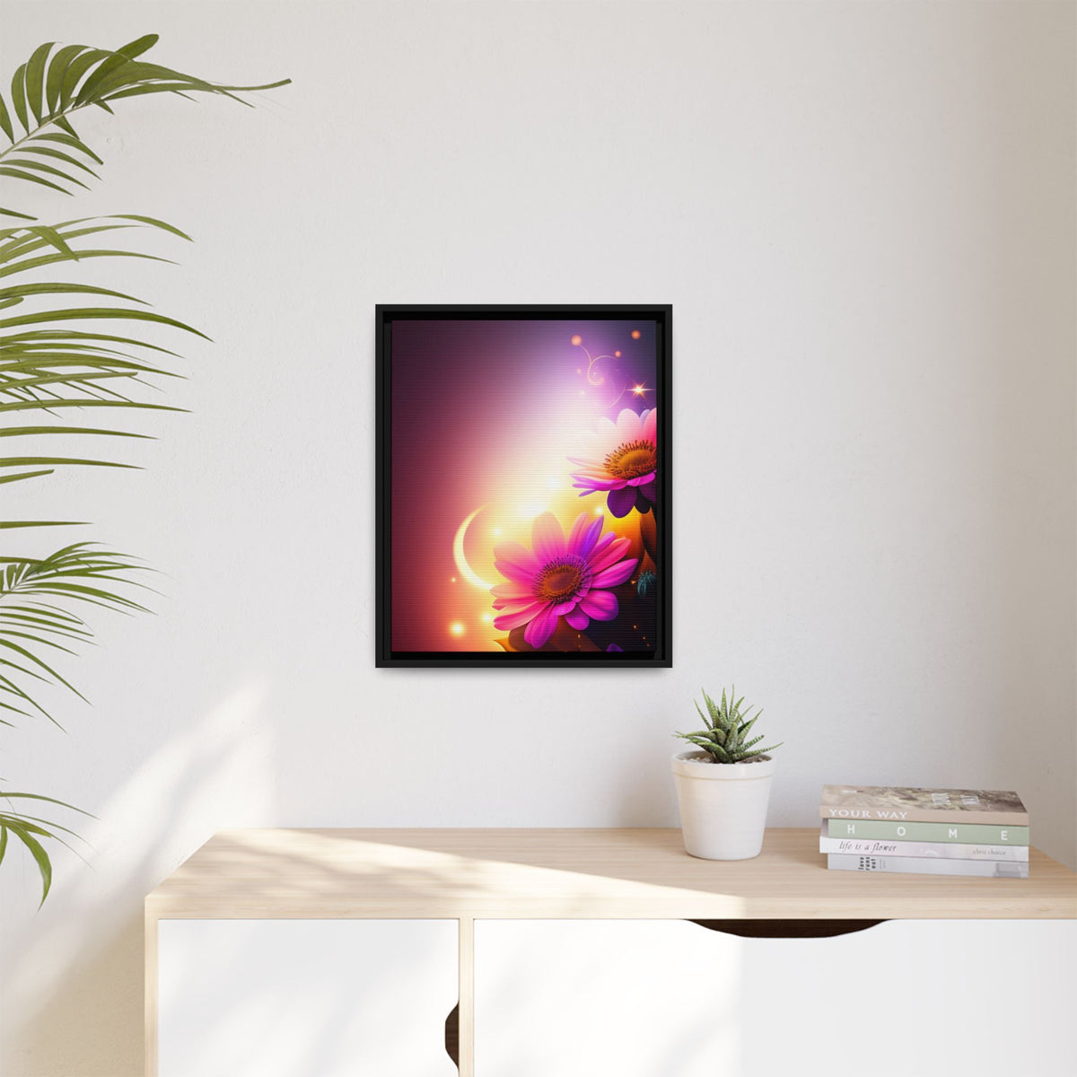 Framed Floral Canvas Art — Pink Daisies Sunset Wall Print
