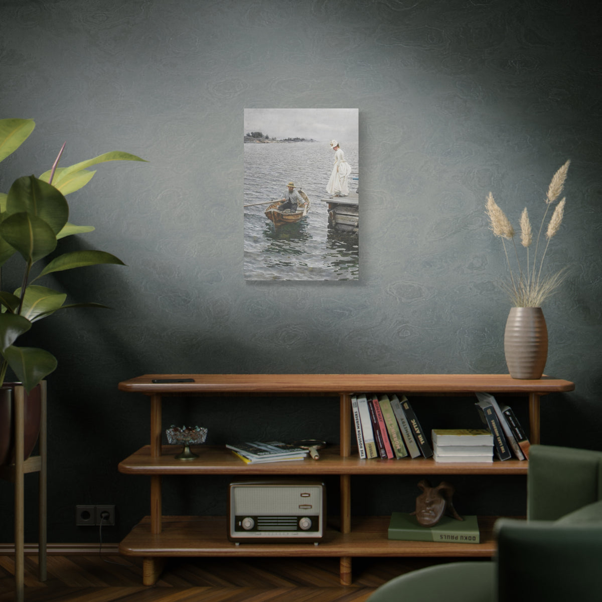 Seaside Stroll Canvas Print — Vintage Woman & Rowboat Matte Stretched Art 1.25"