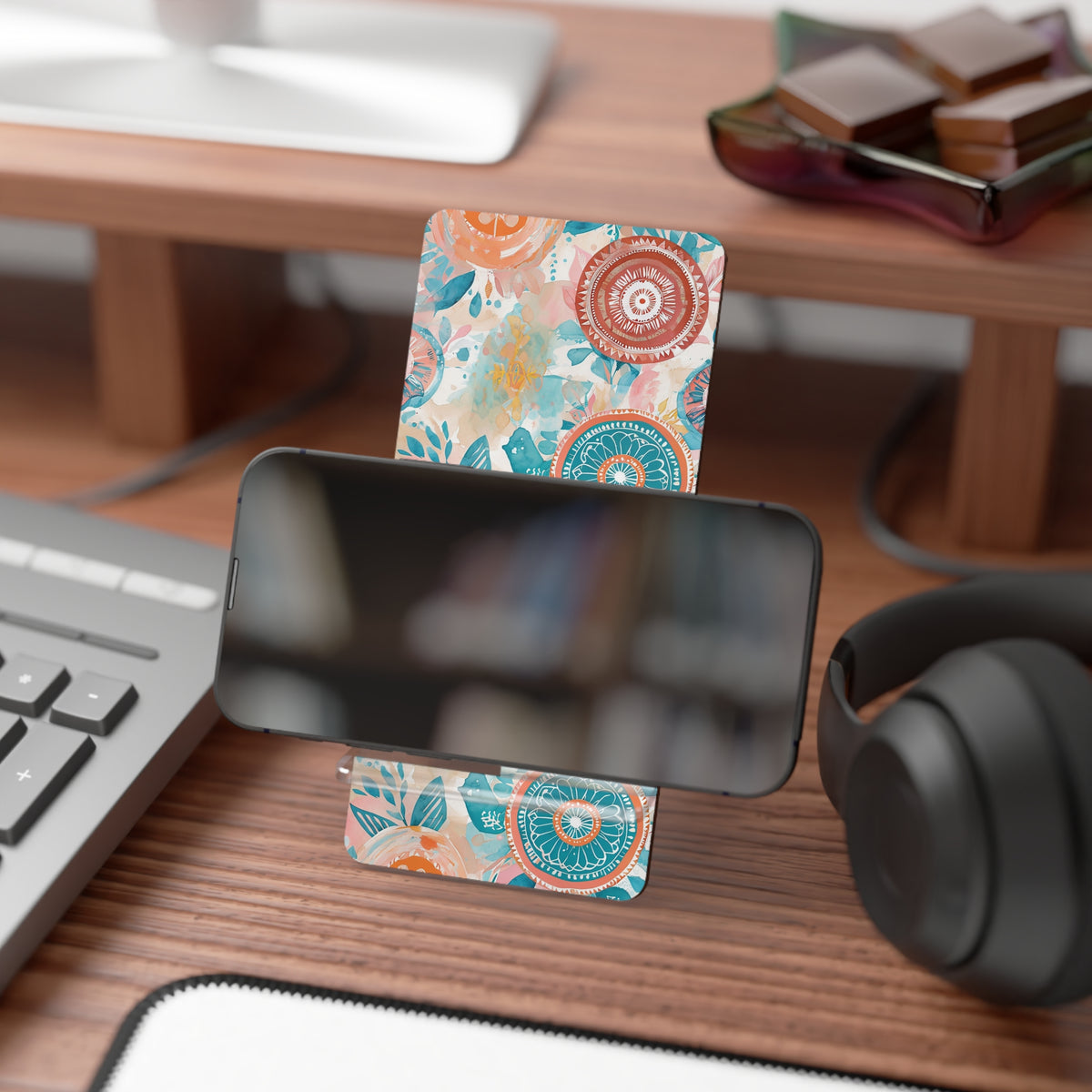 Floral Boho Phone Stand — Compact Mobile Display Stand with Teal & Coral Mandala Design