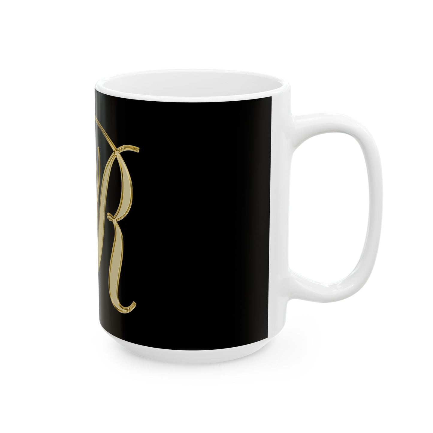 Gold Script Letter "R" Black Ceramic Mug — Elegant Monogram Coffee Cup (11oz & 15oz)