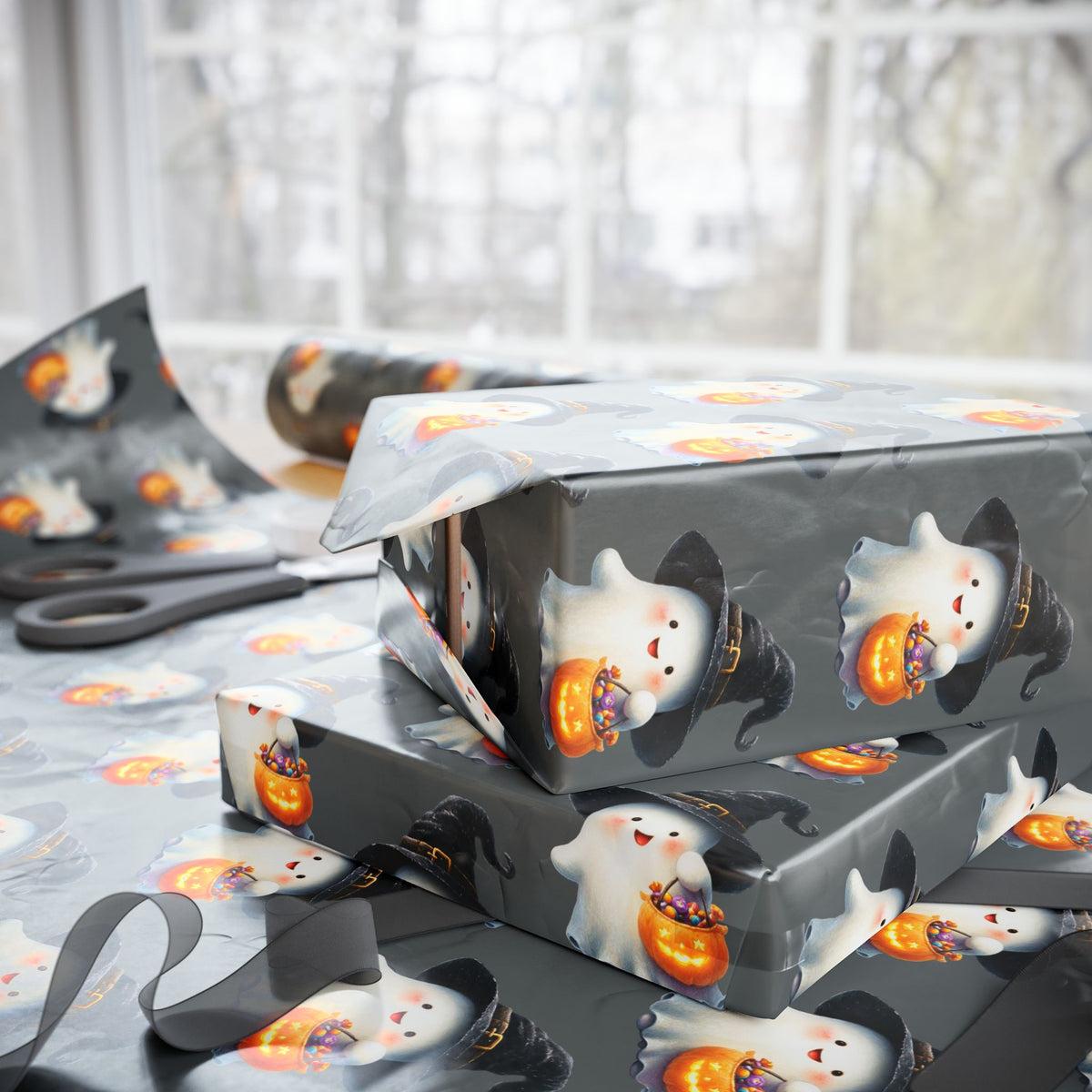 Ghostly Halloween Wrapping Paper, Spooky Gift Wrap, Treats & Trick Paper, Festive Holiday Supplies, Cute Ghost Design