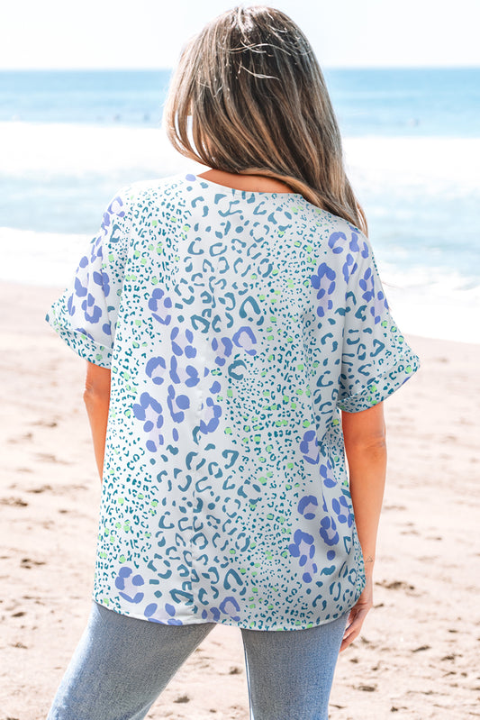 Sky Blue Mixed Leopard Print V Neck Short Sleeve Blouse