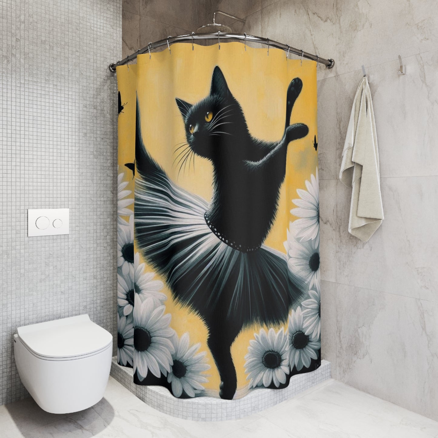 Black Cat Ballerina Shower Curtain — Dancing Cat with Daisies Bathroom Decor