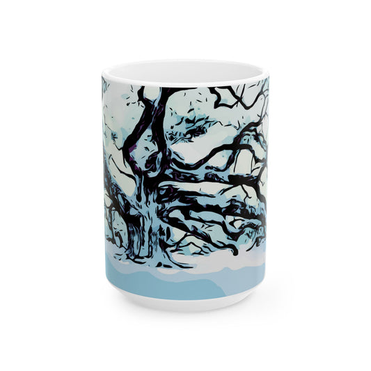 Winter Oak Tree Ceramic Mug — Scenic Snowy Tree Coffee Cup (11oz, 15oz)