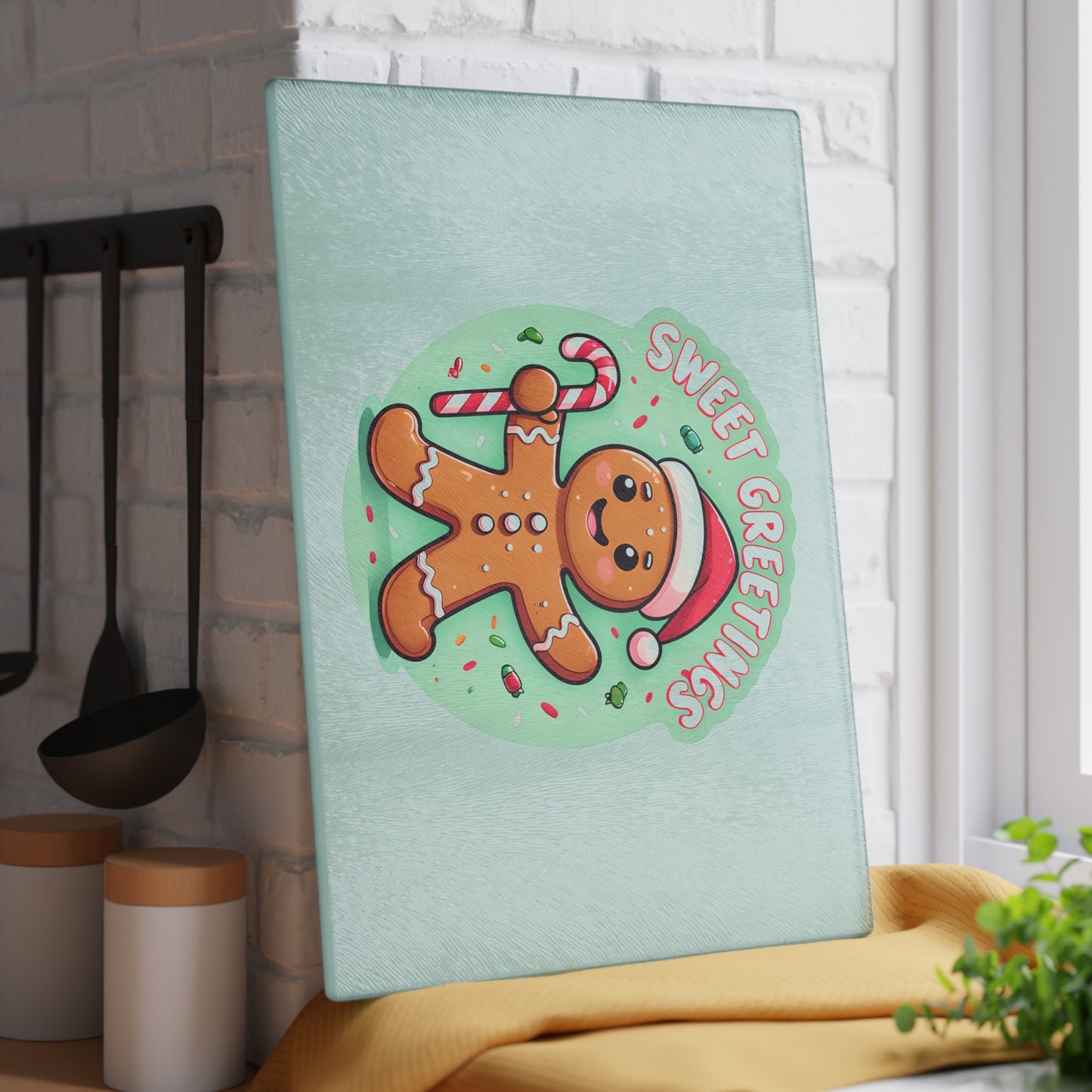 Glass Cutting Board – 'Sweet Greetings' Gingerbread Holiday Kitchen Board
