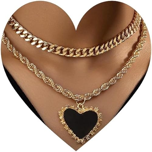 Chunky Gold Chain Necklace Set with Big Black Heart Pendant, Layered Choker Necklaces, Double Strand Rope and Cuban Link Chains, Fashion Statement Jewelry