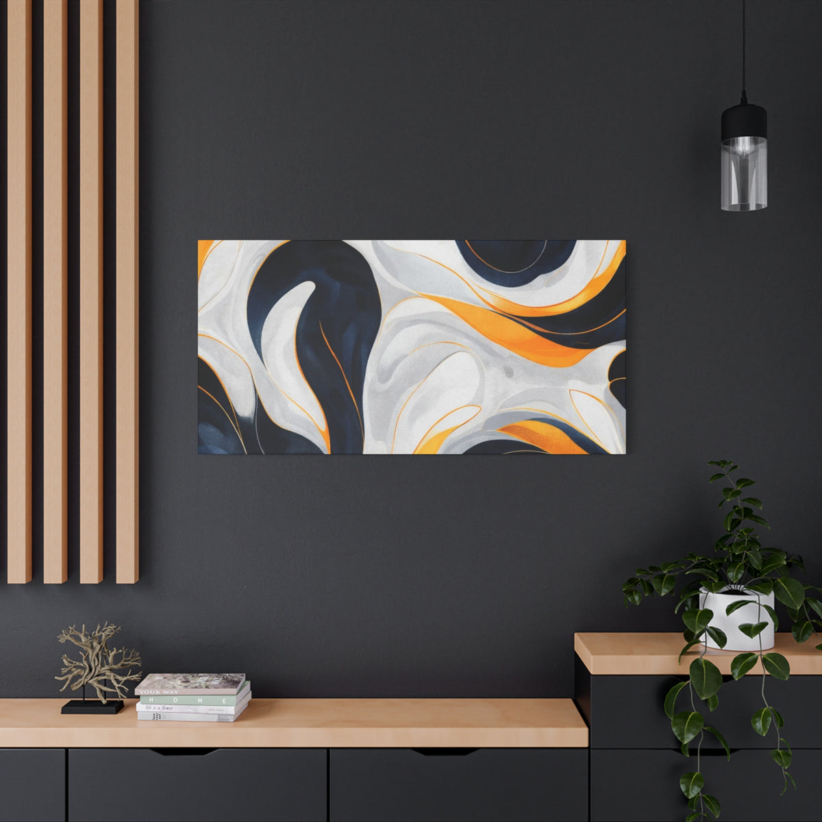 Abstract Fluid Art Matte Canvas Print — Navy, Gold & White Stretched Wall Art