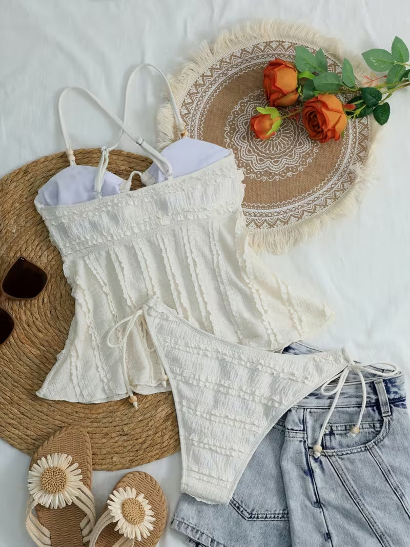 Women'S Solid Color Apricot Beaded Halter Top And Bikini Set, Suitable for Summer Beach Vacations