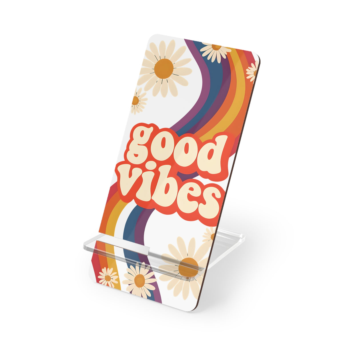 Good Vibes Mobile Display Stand, Phone Holder, Desk Organizer, Cute Gift for Students, Minimalist Home Decor, Rainbow Design