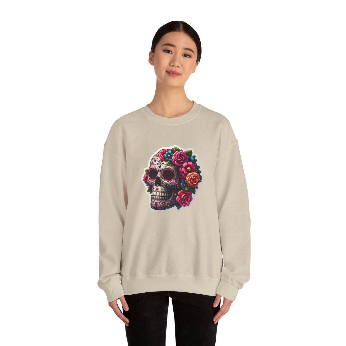 Sugar Skull Crewneck Sweatshirt — Floral Day of the Dead Graphic