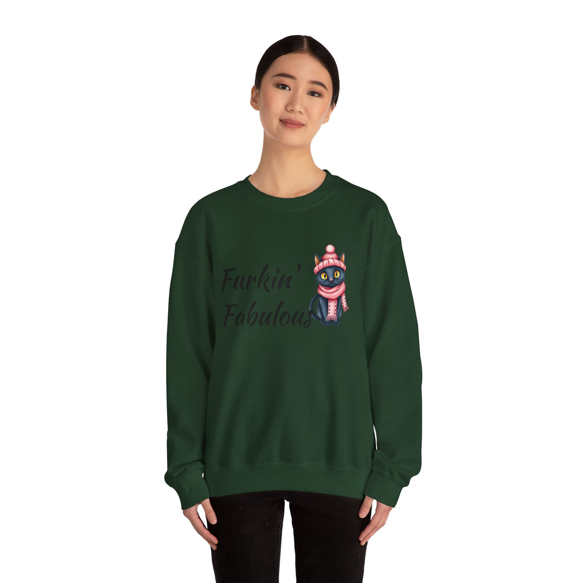 Crewneck Sweatshirt — "Furkin' Fabulous" Cute Black Cat in Pink Hat & Scarf