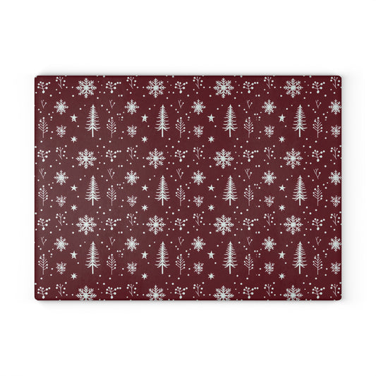 Holiday Snowflake & Pine Glass Cutting Board — Festive Winter Kitchen Decor