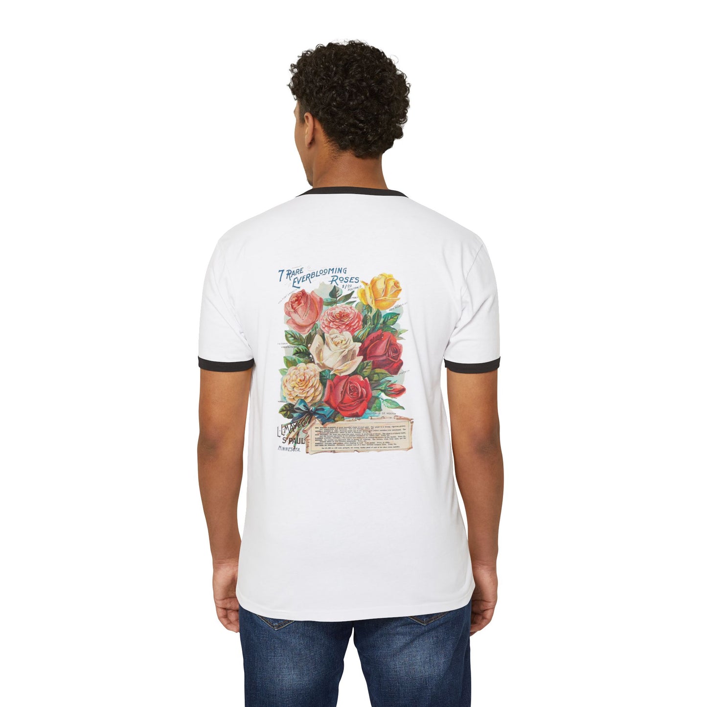 Vintage Floral Ringer Tee – '7 Rare Ever-Blooming Roses' Retro Bouquet Graphic