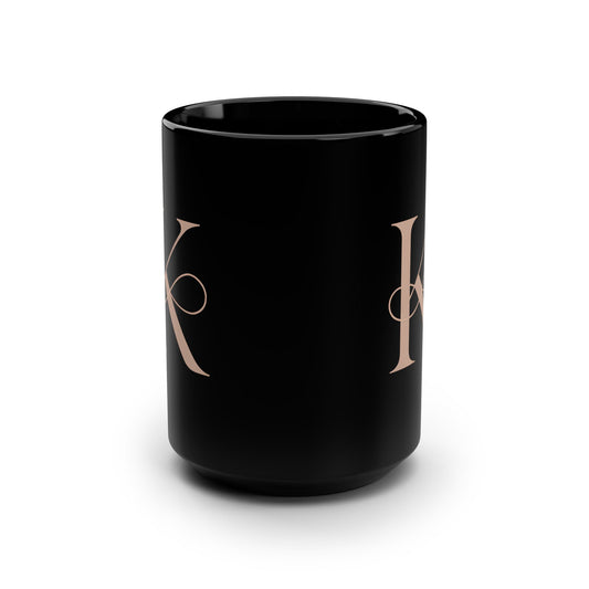 Monogram K Black Ceramic Mug – Elegant Rose Gold Initial Coffee Cup, 15oz