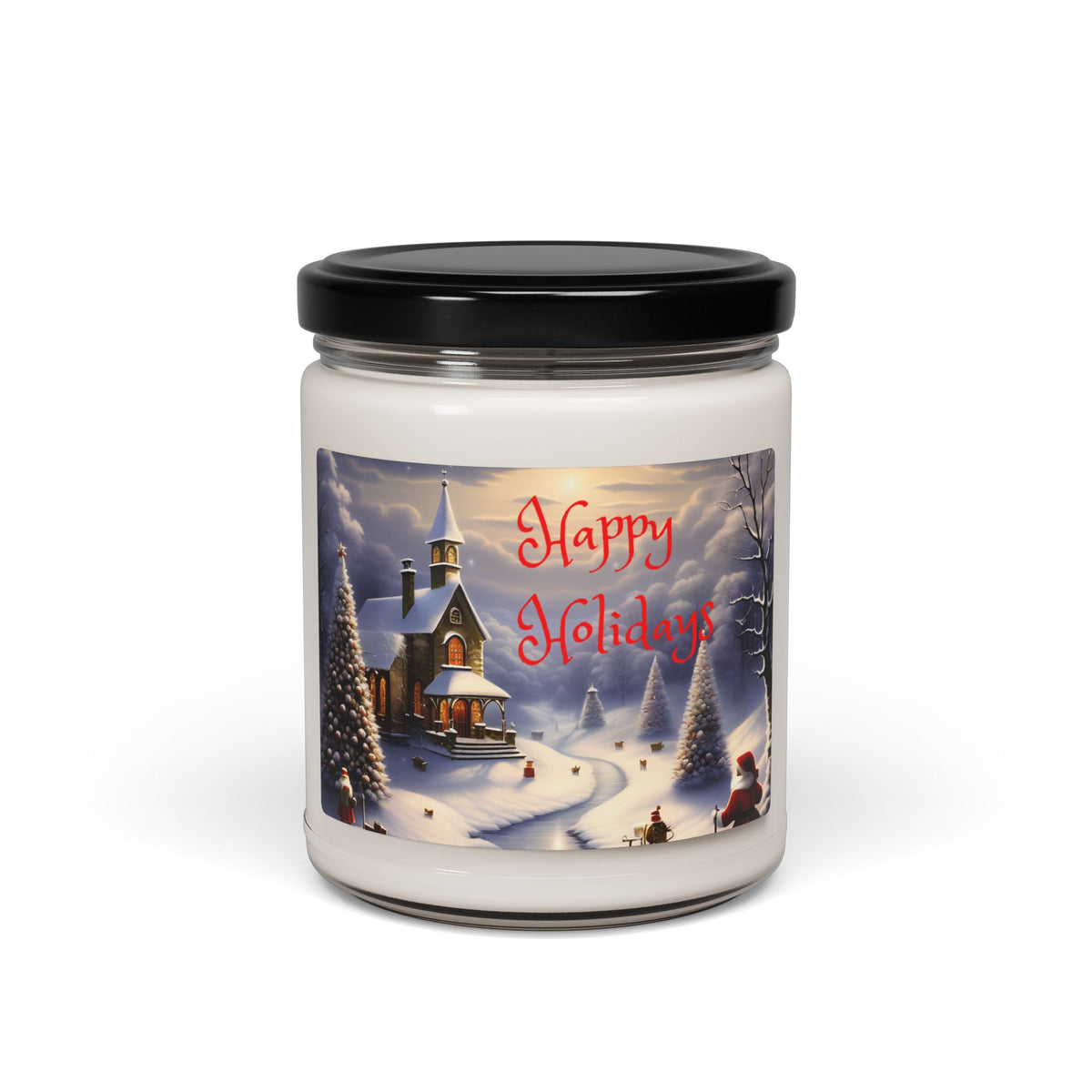 Happy Holidays 9oz Scented Soy Candle — Winter Church Snow Scene Holiday Candle