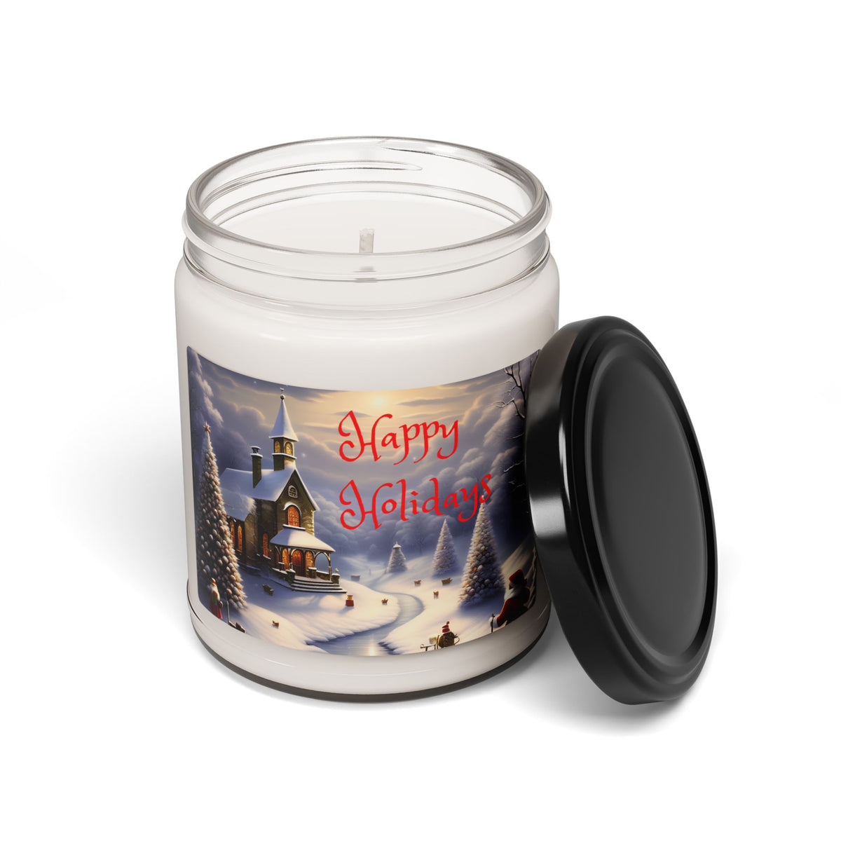 Happy Holidays 9oz Scented Soy Candle — Winter Church Snow Scene Holiday Candle