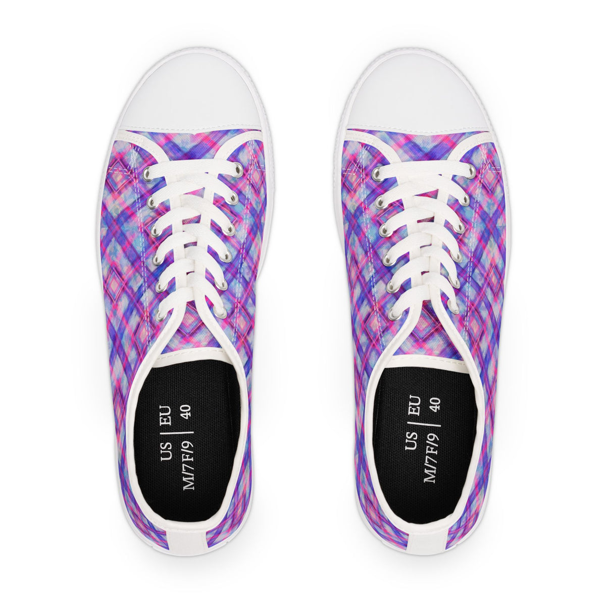 Women's Low Top Sneakers — Pink Purple Plaid Casual Canvas Shoes
