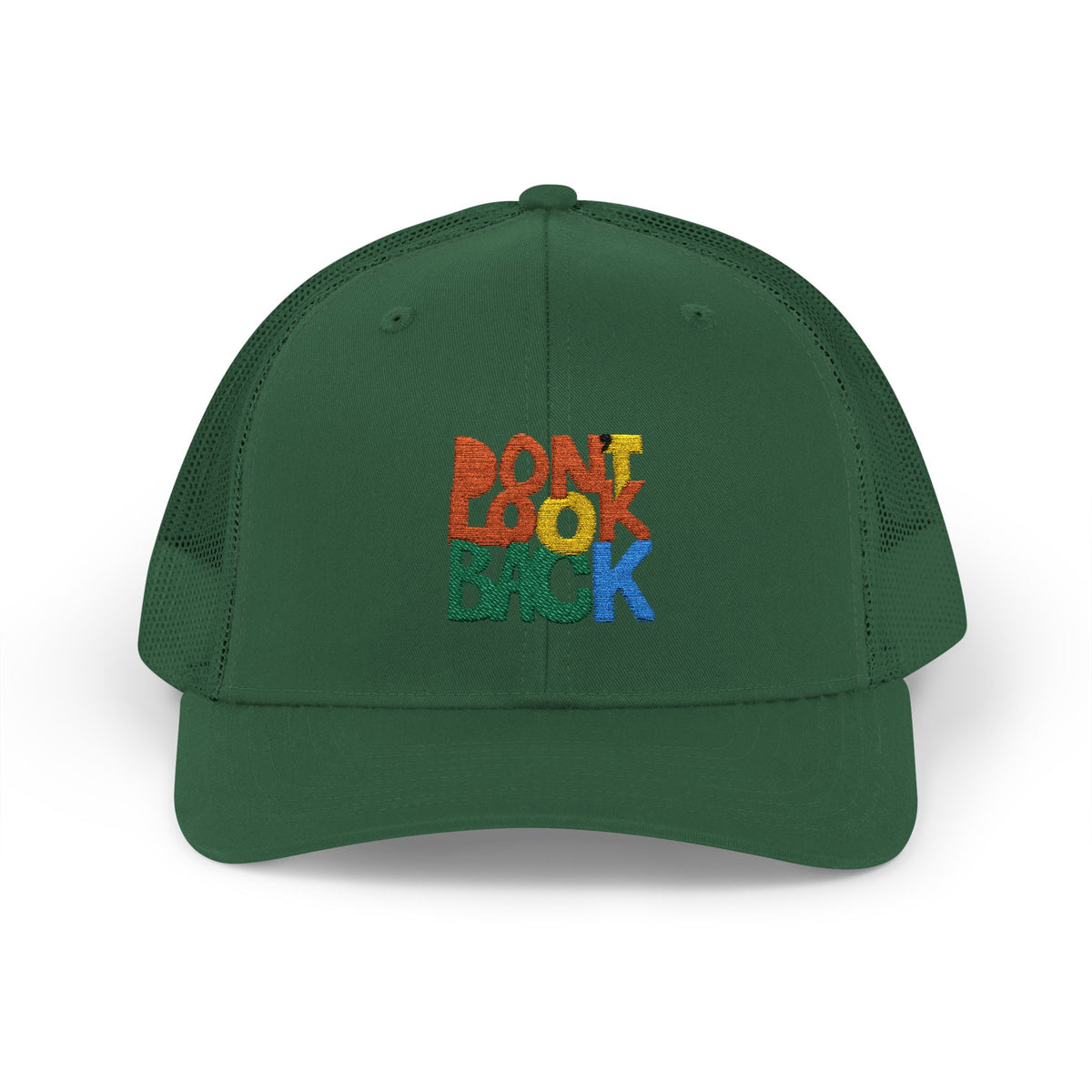 Don’t Look Back Snapback Trucker Cap — Retro Rainbow Embroidered Hat