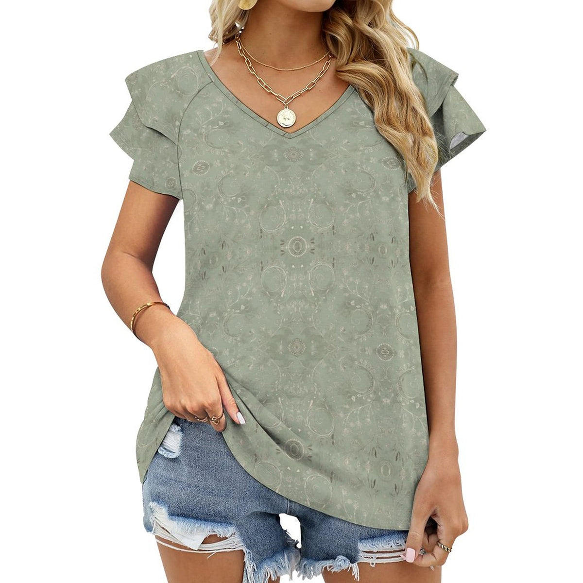 Cooling Polyester Ruffle V-Neck T-Shirt