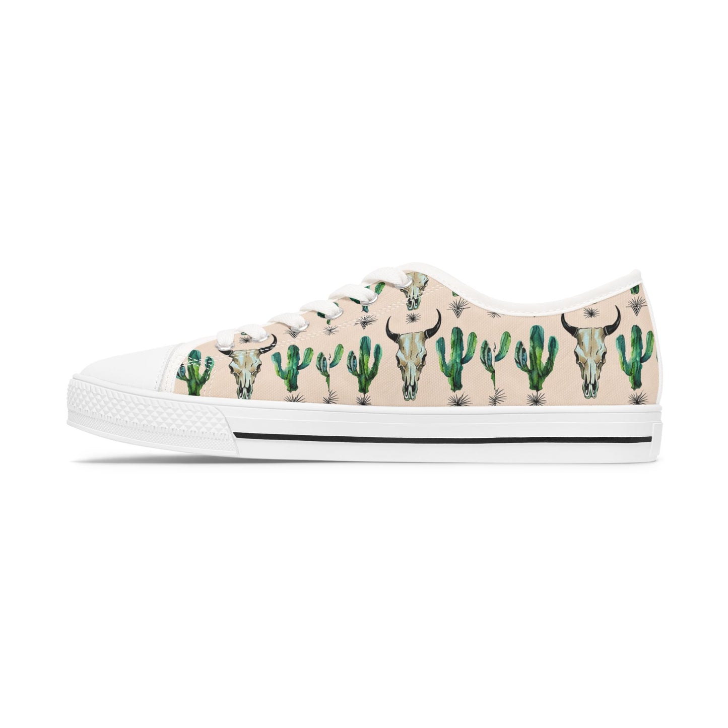 Cow Skull & Cactus Low Top Sneakers — Southwestern Desert Print Casual Shoes