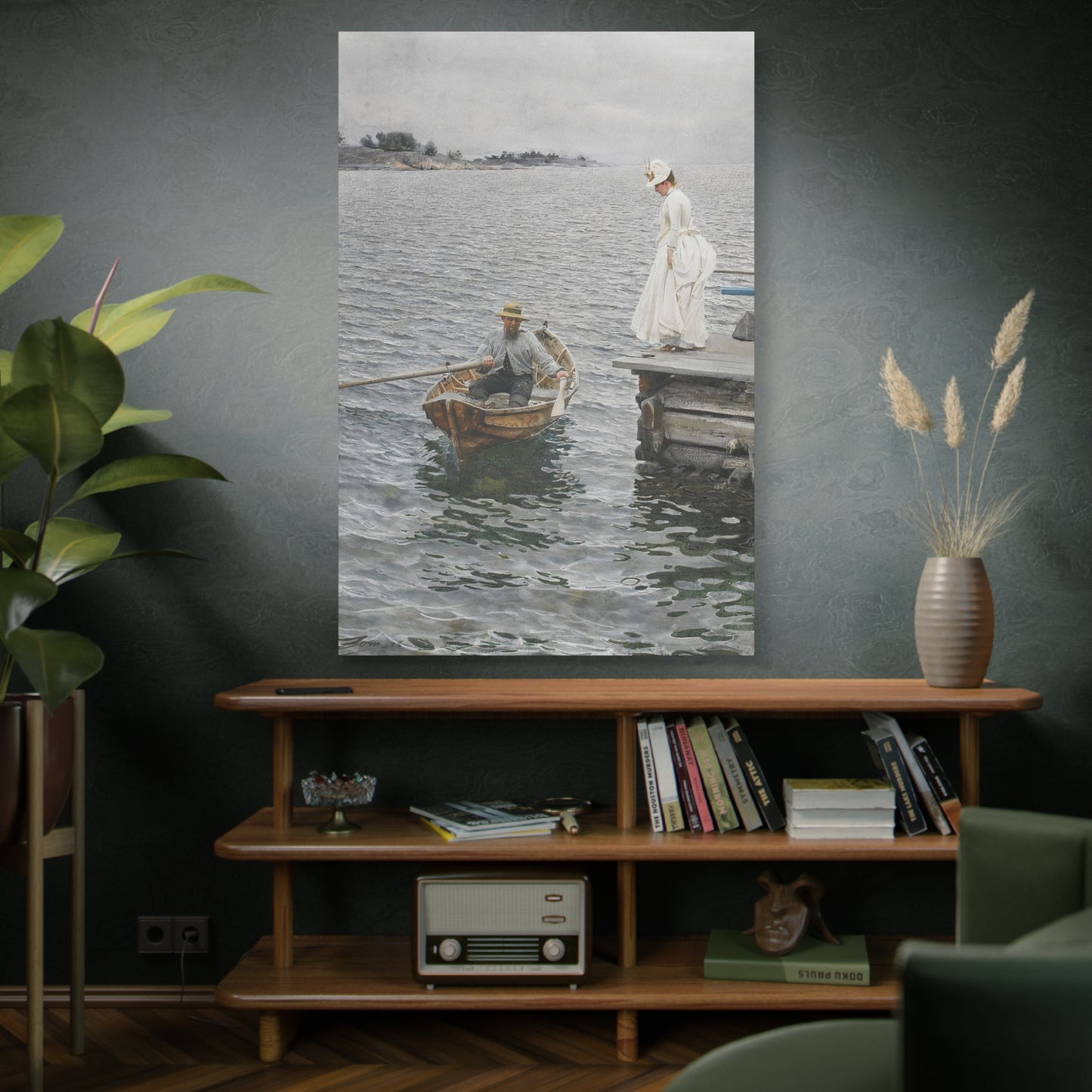 Seaside Stroll Canvas Print — Vintage Woman & Rowboat Matte Stretched Art 1.25"
