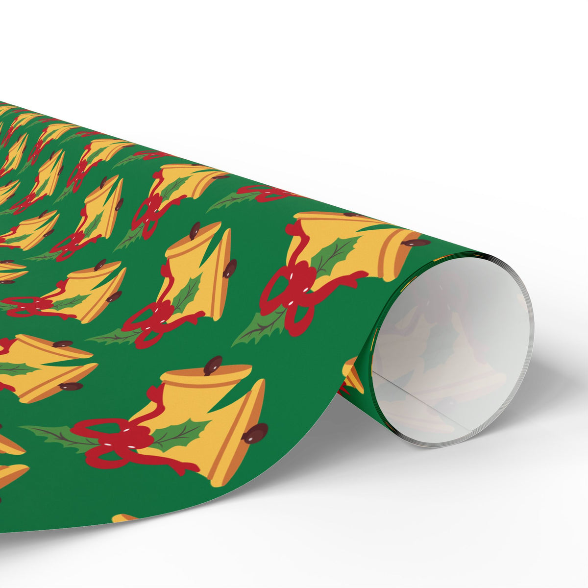 Christmas Bells Wrapping Paper Roll — Green Holly Holiday Gift Wrap