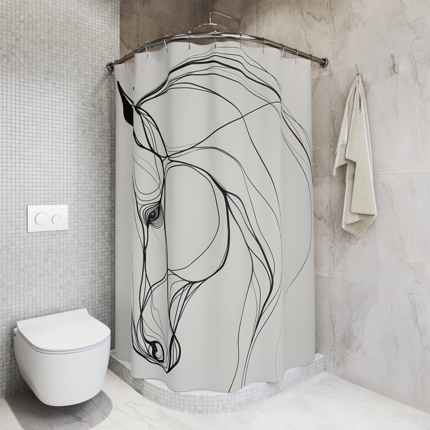 Horse Line Art Shower Curtain — Minimalist Black & White Equestrian Bath Decor