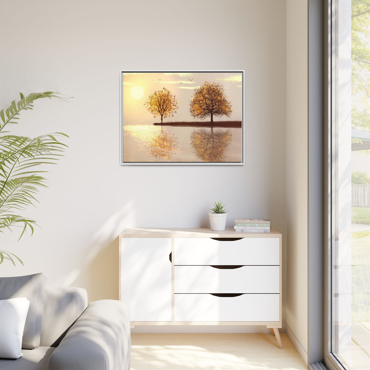 Framed Matte Canvas Wall Art — Golden Autumn Trees Reflection