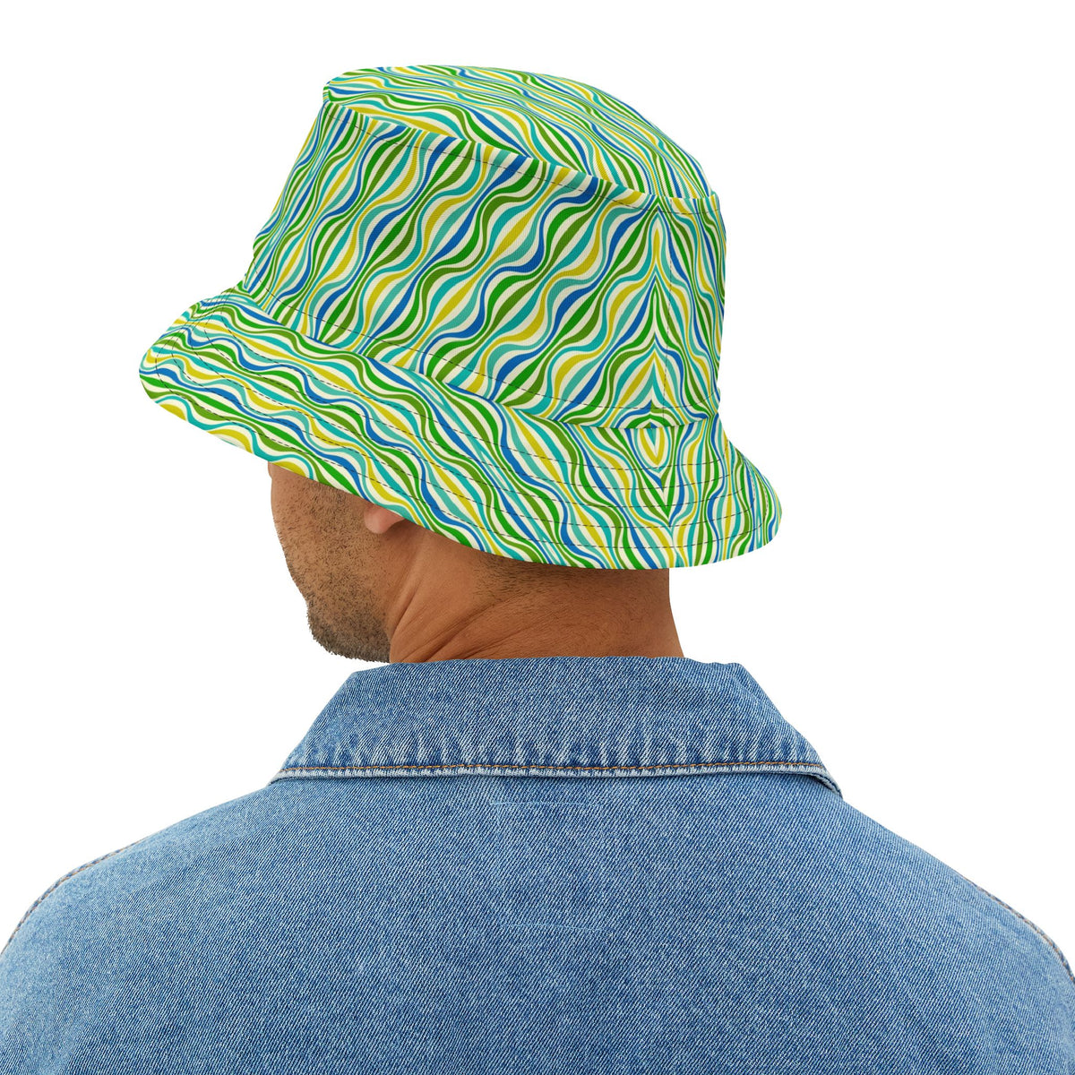Green Wave Pattern Bucket Hat — Retro Groovy Summer Sun Hat