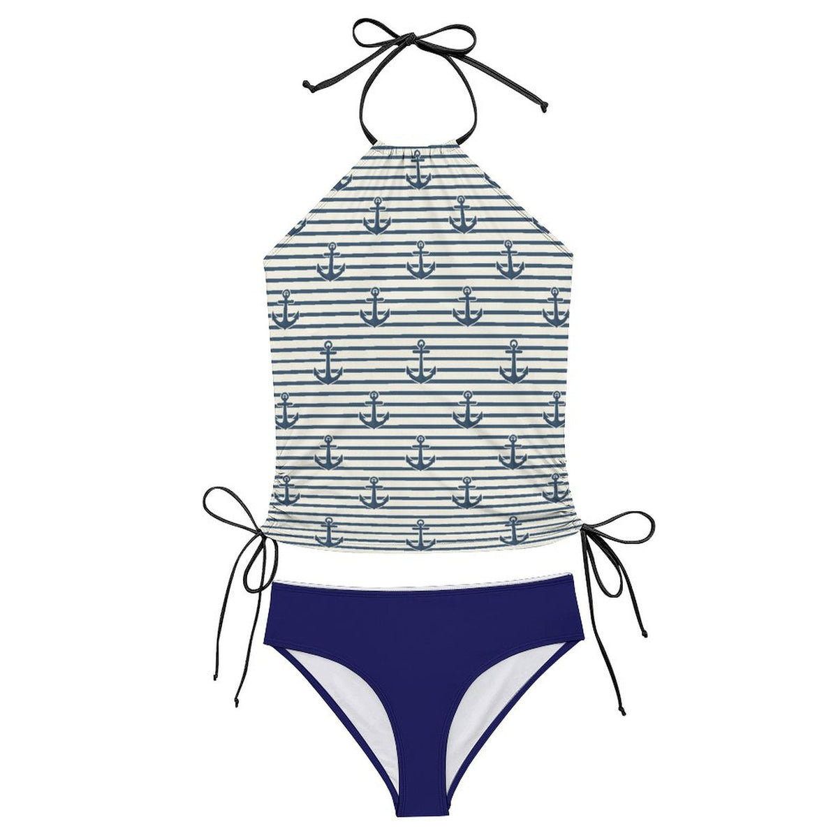 2-Piece Women's Tankini Set with High Neck Halter Top Marine Anchor