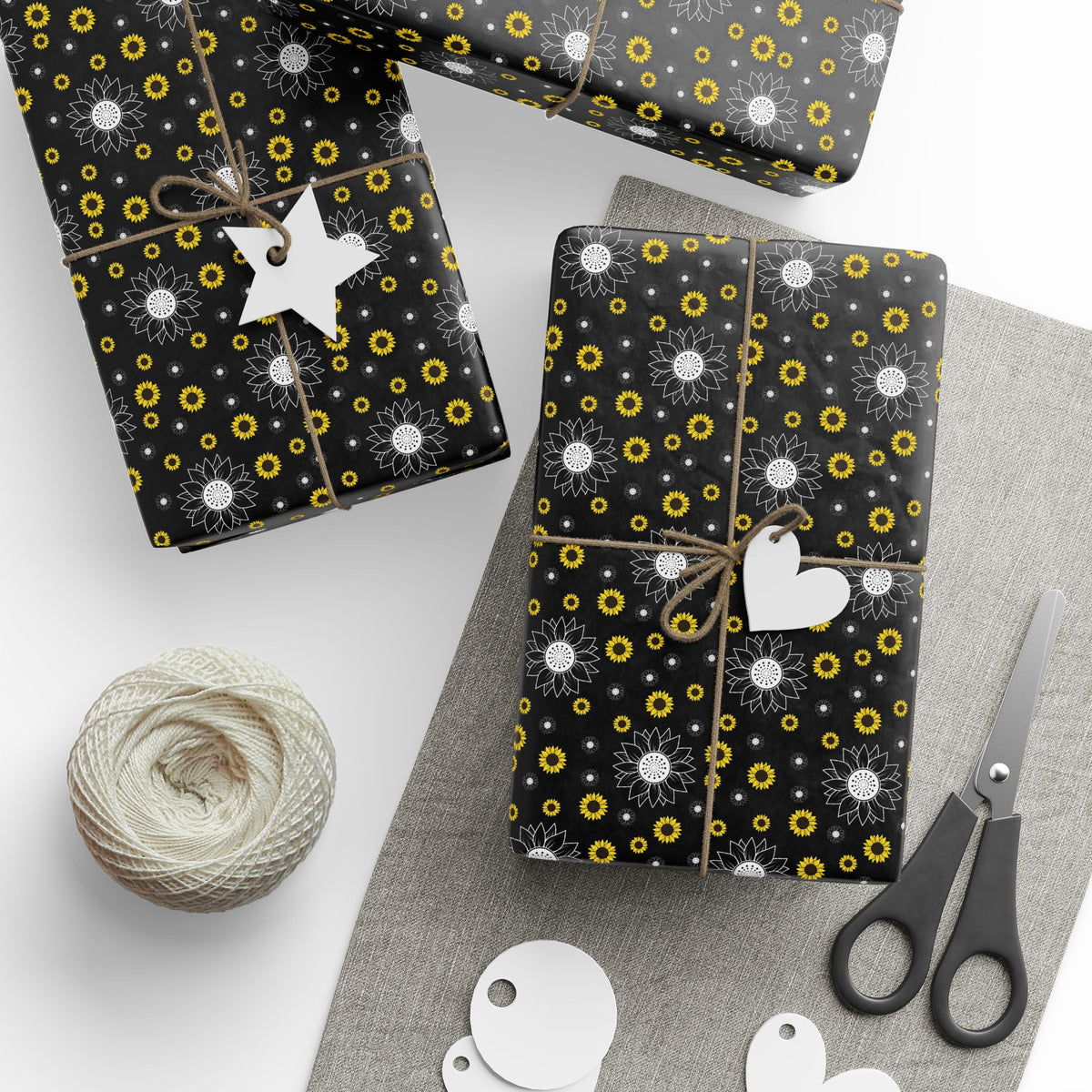 Sunflower Doodles Wrapping Paper Roll — Black & Yellow Floral Gift Wrap