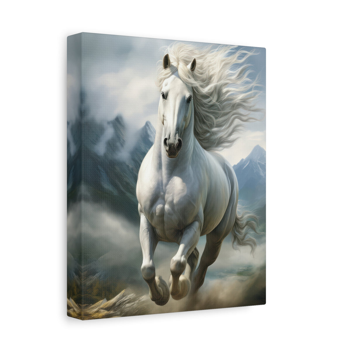 White Stallion Canvas Print – Majestic Galloping Horse Wall Art